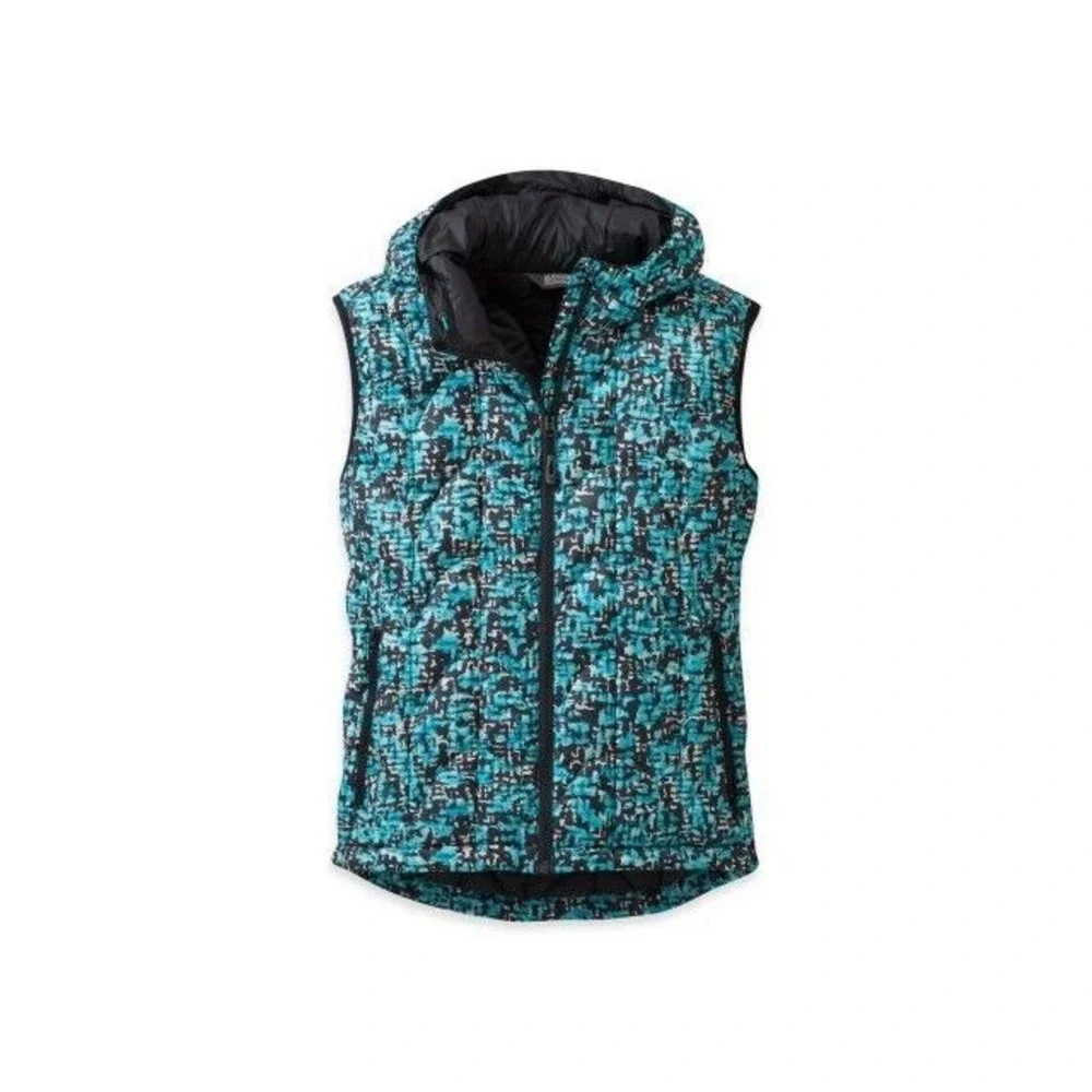 OUTDOOR RESEARCH Women's Aria Print Vest Down Alpine Lake Hooded Black Small‎ S